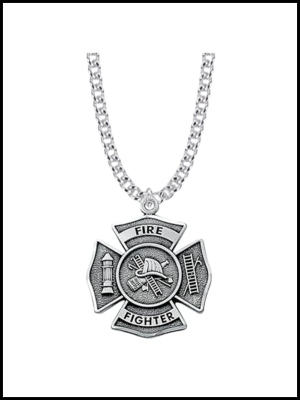 Sterling Silver Firefighter Shield Cross Pendant Necklace, 24in Chain